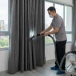 A professional cleaning specialist performing deep HEPA vacuuming on heavy living room curtains during Singapore's transboundary haze season to mitigate indoor PM2.5 levels.
