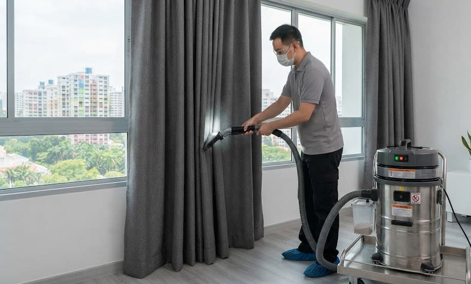 A professional cleaning specialist performing deep HEPA vacuuming on heavy living room curtains during Singapore's transboundary haze season to mitigate indoor PM2.5 levels.