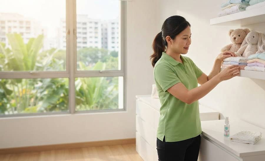 A parent organizing sanitized children's plush toys and freshly washed baby clothes to prevent the spread of Hand, Foot, and Mouth Disease (HFMD) in Singapore.