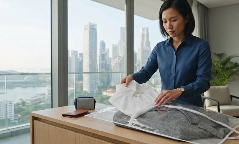 A Singaporean professional organizing a freshly pressed dress shirt and suit blazer for a hybrid return-to-office schedule.