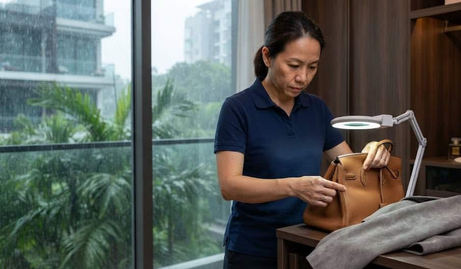 A professional care specialist inspecting a designer leather bag and suede jacket for mold and mildew during Singapore's high-humidity monsoon season.
