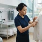 A professional laundry specialist inspecting a white silk blouse for yellow sweat stains in a premium Singapore cleanroom facility.