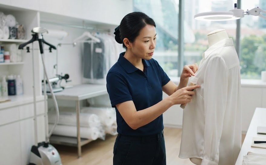 A professional laundry specialist inspecting a white silk blouse for yellow sweat stains in a premium Singapore cleanroom facility.